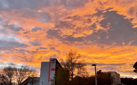 Budynek University of Girona widoczny na tle intensywnie pomarańczowo‑różowego nieba o zachodzie słońca; przed budynkiem drzewa bez liści i kampusowa aleja