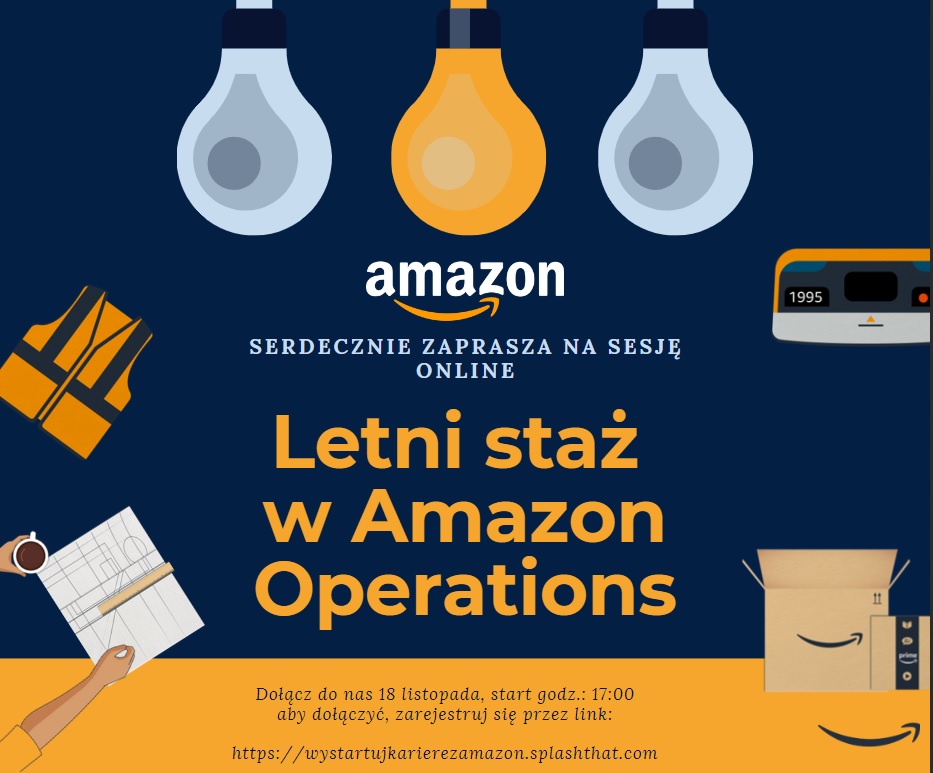 Trzy żarówki na górze obrazka, a poniżej teksty promujące wydarzenie z napisem: "Letni staż w Amazon Operations".