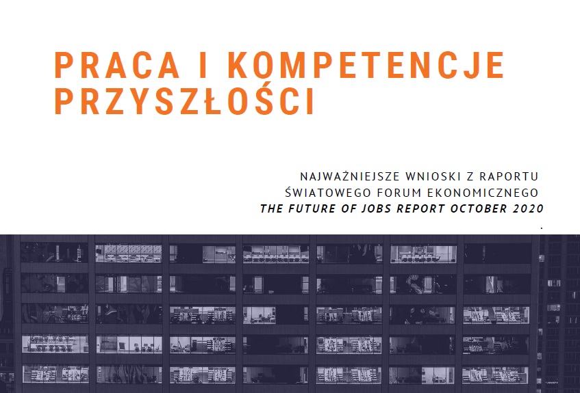 Na białym tle na górze pomarańczowym kolorem napis: Praca i kompetencje przyszłości a pod spodem seria czarno - białych obrazków przedstawiających wnętrza pomieszczeń biurowych.
