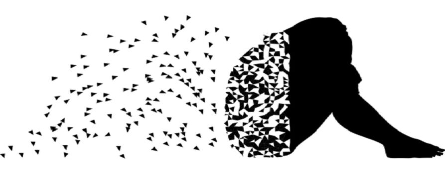Grafika, symbolizująca osobę w depresji. Kobieta siedzi z podciągniętymi kolanami, z głową, schowaną w ramionach. Część jej ciała rozsypuje się na kawałki