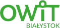 Logotyp Ośrodka Wsparcia i Testów w Białymstoku, na białym tle zielony napis OWiT BIAŁYSTOK