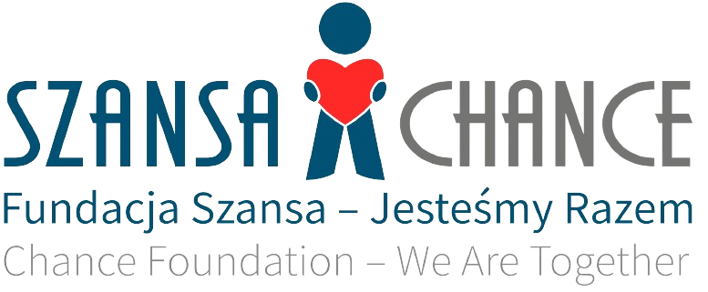 Logo Fundacji Szansa - Jesteśmy Razem Sylwetka człowieka trzymającego w rękach serce, między postacią napisy "Szansa" "Chance" Poniżej napisy "Fundacja Szansa - Jesteśmy Razem" "Chance Foundation - We Are Toghether"