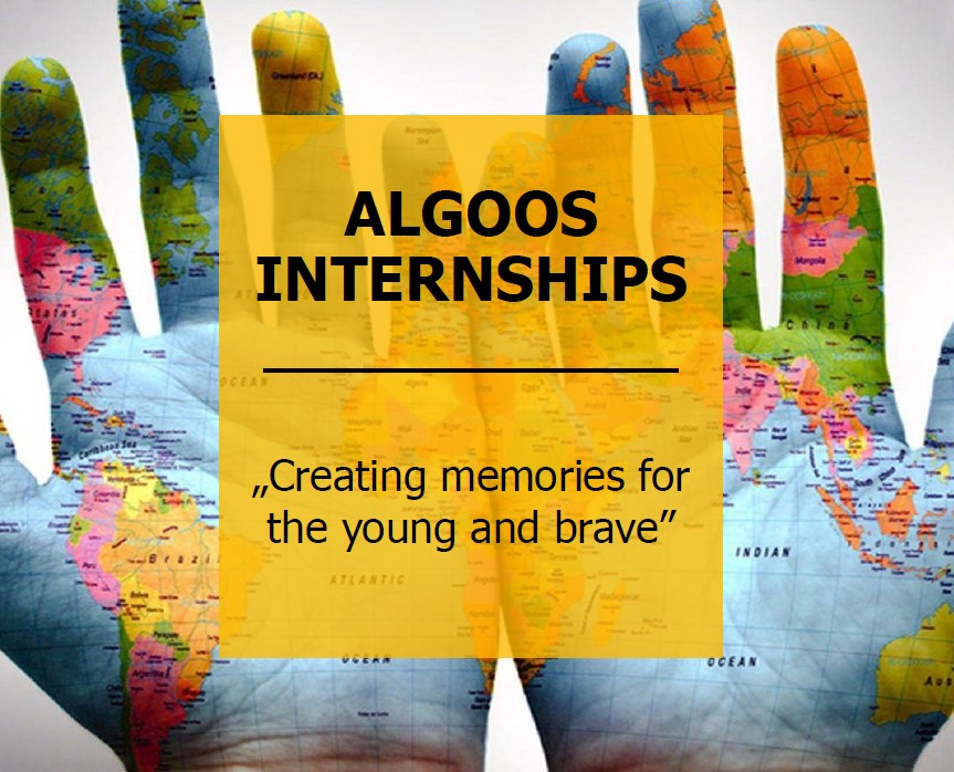 Plakat promujący Algoos internships; cytat "Creating memories for the young and brave"