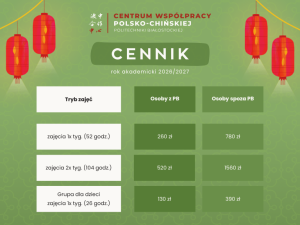 Cennik - kurs języka chińskiego w PB w roku akademickim 2026/2027. Osoby z PB obowiązuje cena 5 zł za godzinę lekcyjną, Osoby spoza PB obowiązuje cena 15 zł za godzinę lekcyjną.