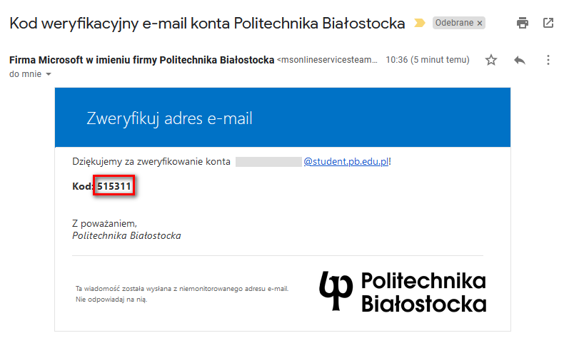 Widok przesłanej wiadomości na prywatne konto