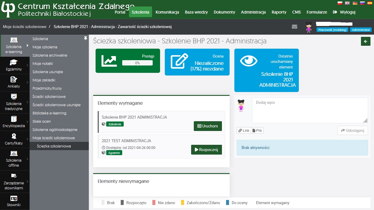 Widok elementów wymaganach szkolenia