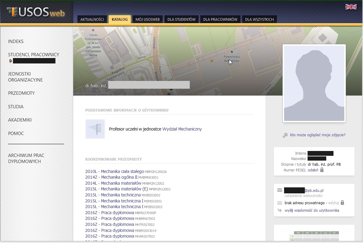 Widok okna USOSweb z poziomu pracownika