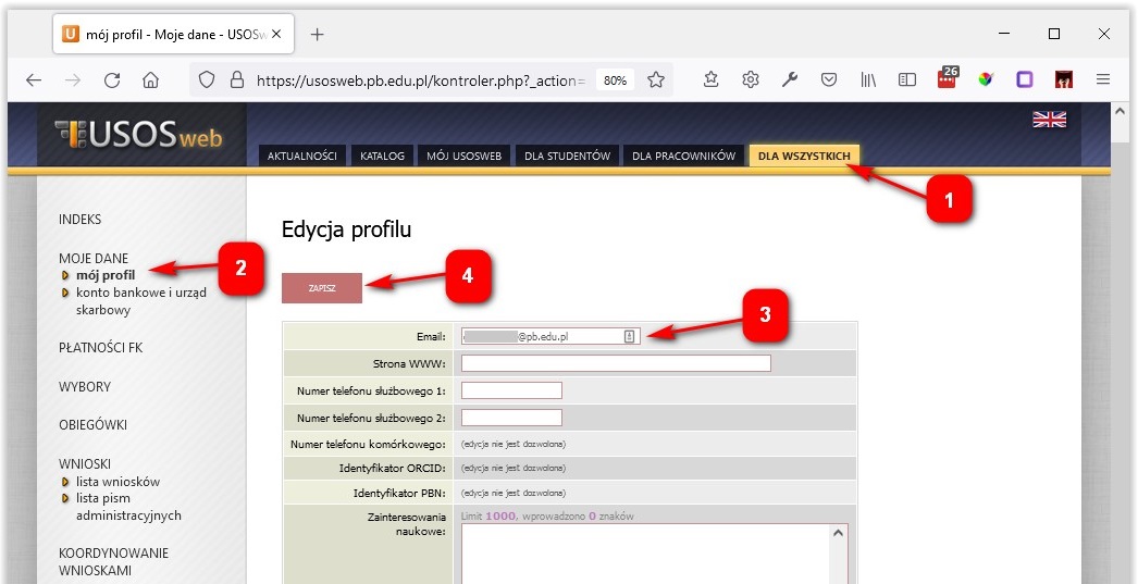 zmiana adresu e-mail w systemie usosweb