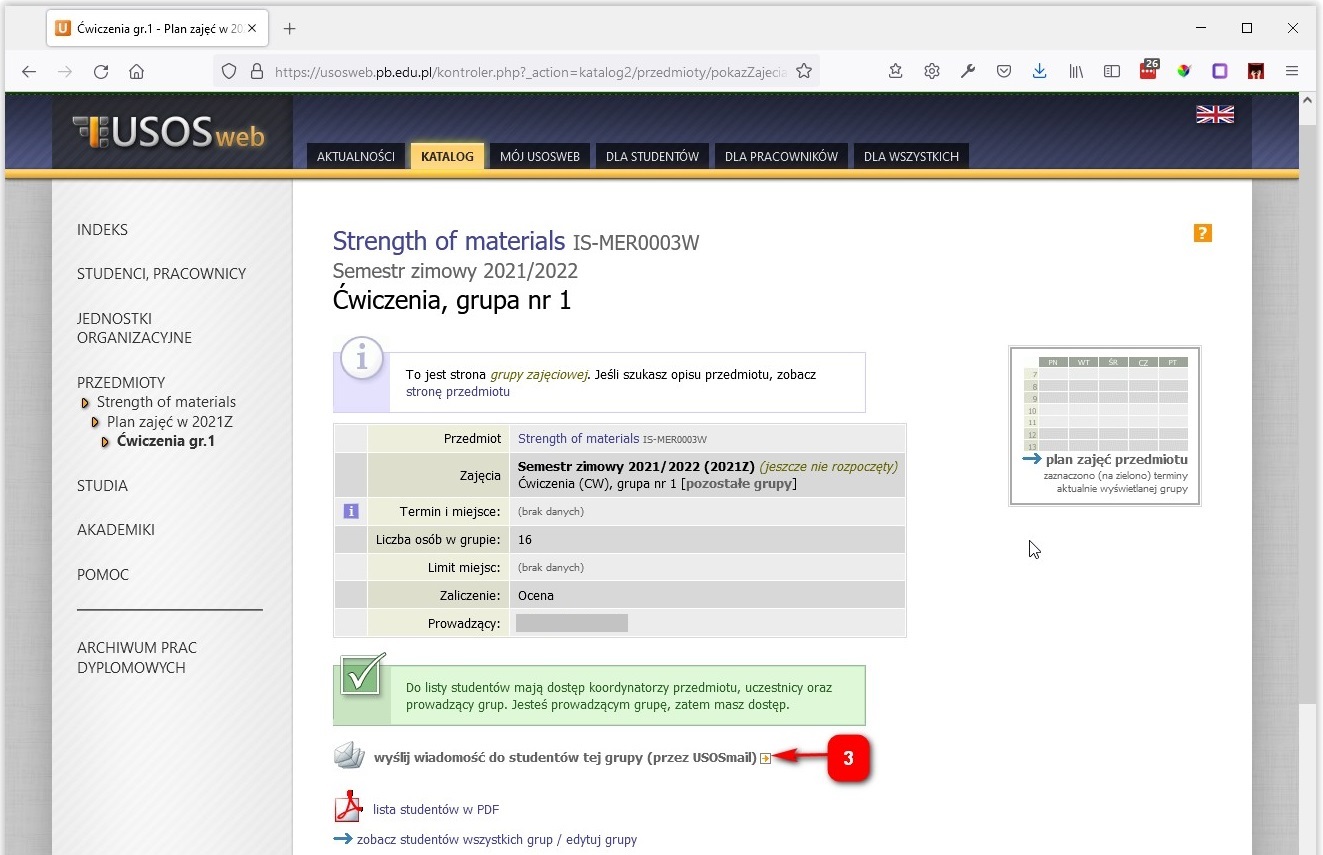 Wysyłanie wiadomości e-mail w systemie USOSweb z poziomu zajęć