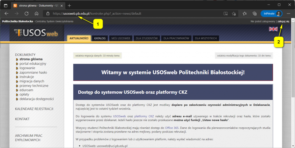 widok USOSweb strona główna
