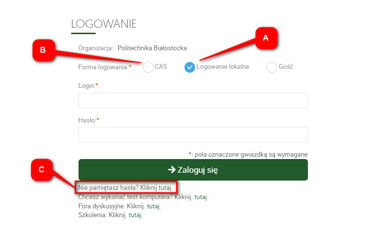 Opcje logowania na portalu edukacyjnym