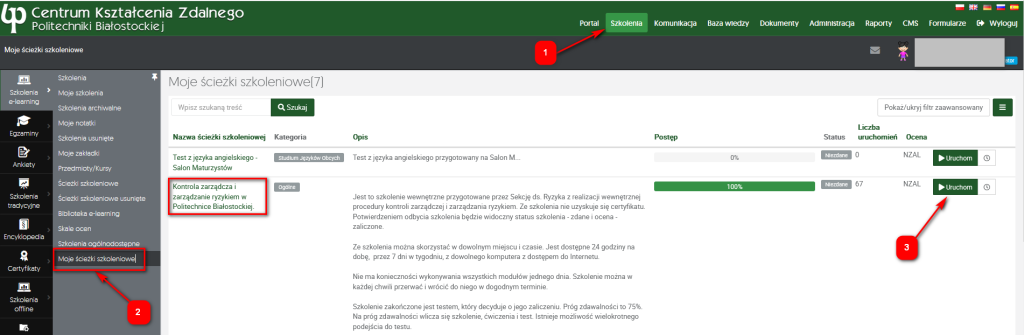 Widok szkolenia na portalu CKZ =