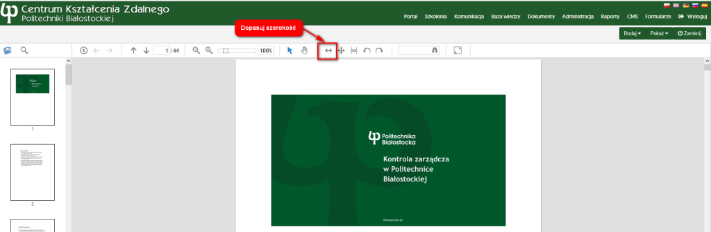 Widok dopasowania szerokości szkolenia