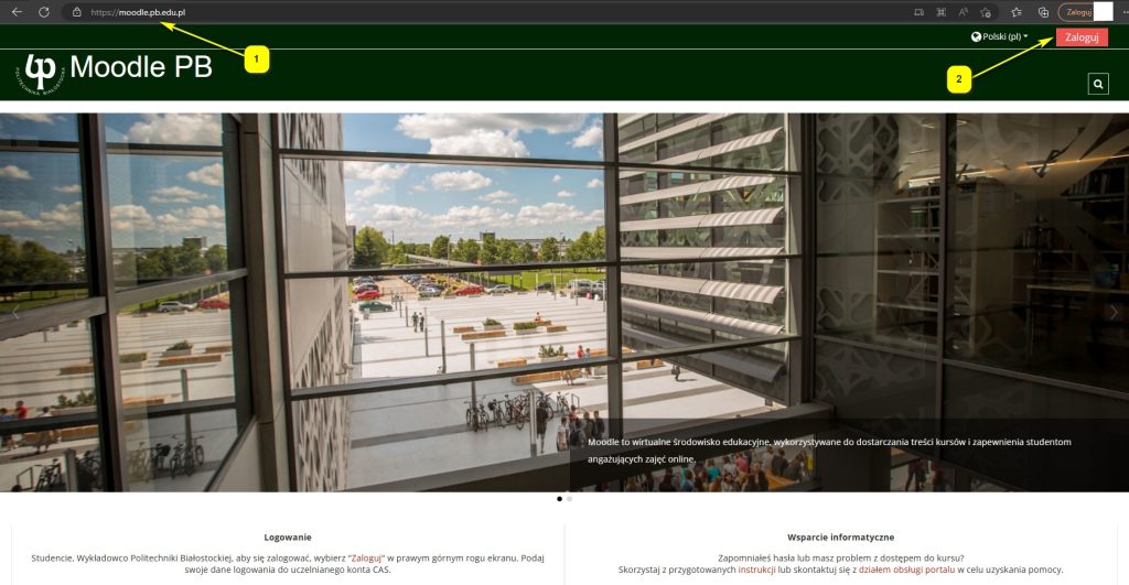 Widok strony głównej Moodle PB