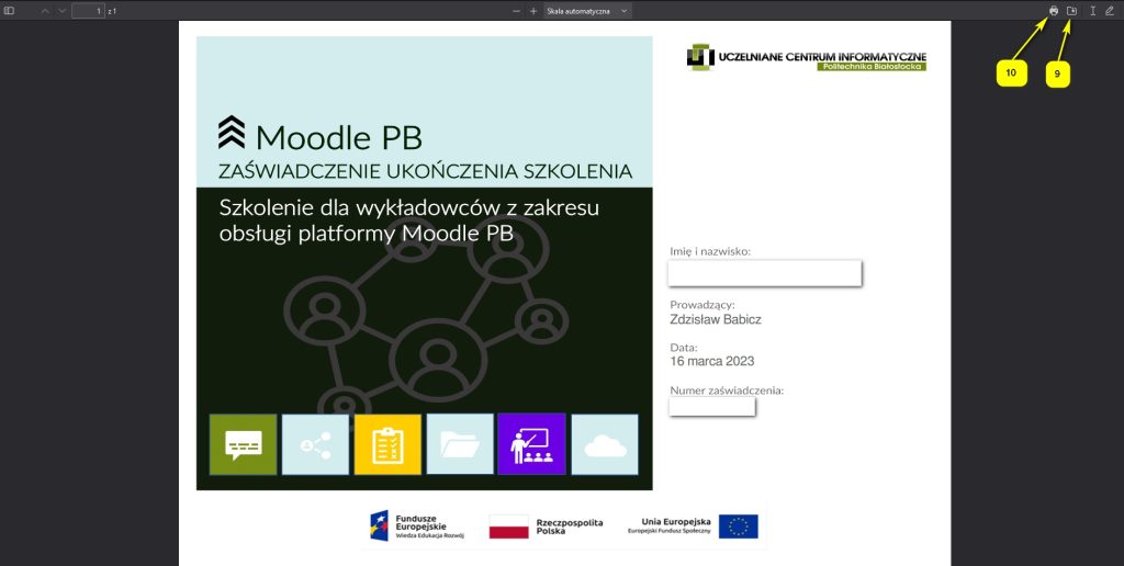 Zaświadczenie potwierdzające uczestnistwo w szkoleniu Moodle