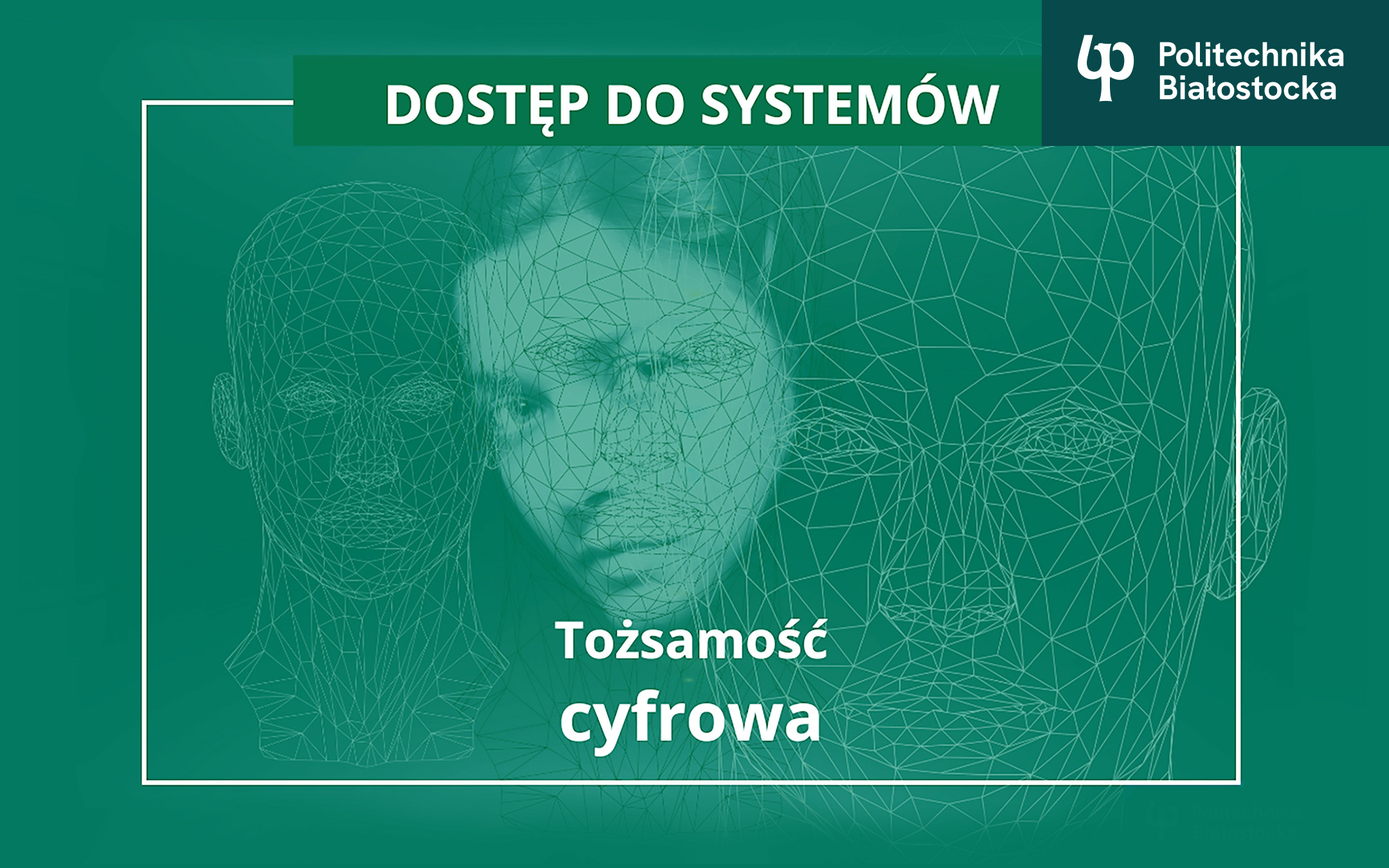 Dziewczyna na tle cyfrowych twarzy, napisy, logo.