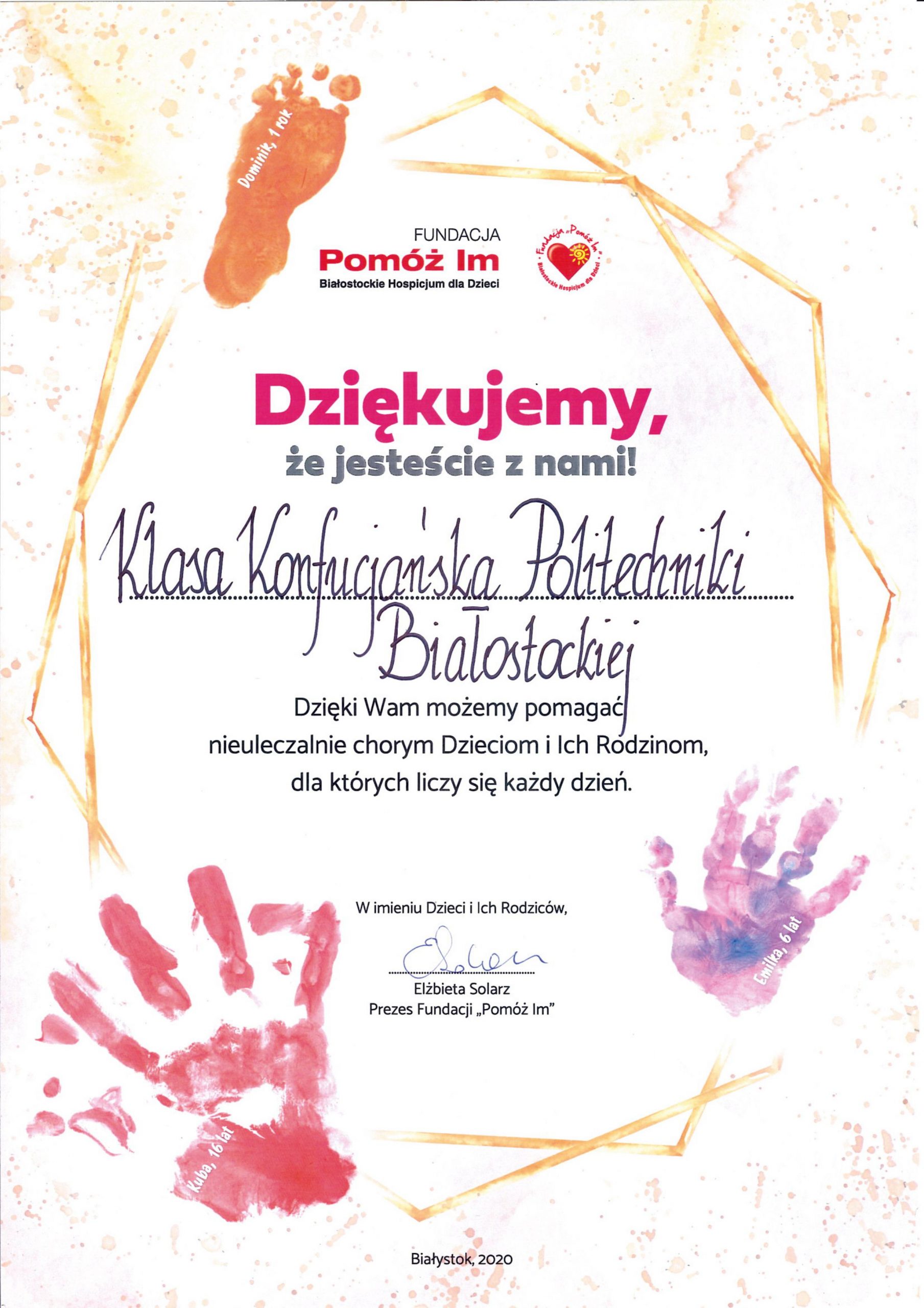 Podziękowanie Klasie Konfucjańskiej PB otrzymane od Fundacji "Pomóż Im"