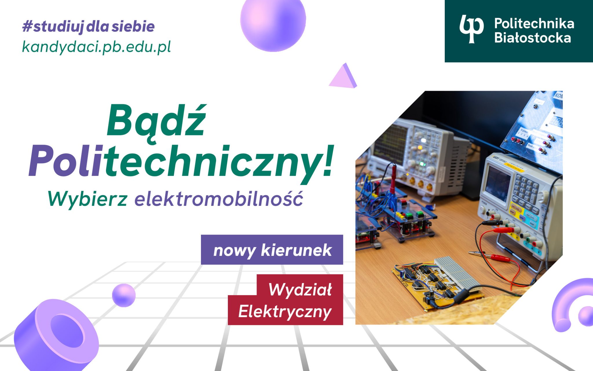 Kolorowy baner zachęcający do wyboru nowego kierunku, logo PB.