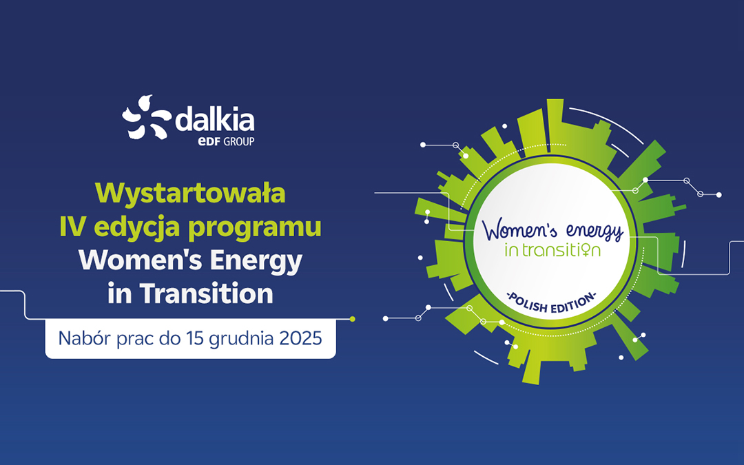 Grafika promująca program Women's Energy in Transition. Kolorystyka: granatowe tło, białe i zielone napisy, po prawej stronie grafika w kształcie koła również w tych samych kolorach.
