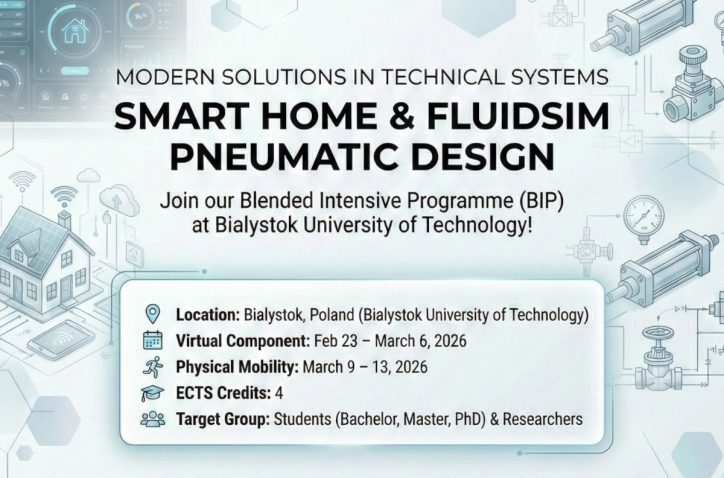 Plakat promujący program Blended Intensive Programme ‘Smart Home & FluidSim Pneumatic Design’ na Politechnice Białostockiej, zawierający informacje o lokalizacji, terminach, punktach ECTS, grupie docelowej oraz opis korzyści i treści szkolenia, uzupełniony ikonami i ilustracjami związanymi z technologią inteligentnych domów i systemów pneumatycznych