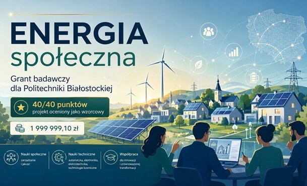 Grafika informacyjna dotycząca grantu badawczego „ENERGIA społeczna” przyznanego Politechnice Białostockiej. Główne elementy grafiki: Lewa strona: Duży napis „ENERGIA społeczna” oraz informacja o grancie badawczym dla Politechniki Białostockiej. Poniżej widoczne są dwa ramki z wyróżnieniami: Ocena: 40/40 punktów (projekt oceniony jako wzorcowy). Kwota dofinansowania: 1 999 999,10 zł. Prawa strona: Ilustracja przedstawiająca nowoczesną wieś z odnawialnymi źródłami energii (panele fotowoltaiczne, turbiny wiatrowe) oraz kontur mapy Polski złożony z sieci połączeń. Na pierwszym planie znajduje się zespół czterech osób pracujących przy komputerze. Dolny pasek: Trzy ikony z opisami obszarów: Nauki społeczne (zarządzanie i jakość), Nauki techniczne (automatyka, elektronika, elektrotechnika, technologie kosmiczne) oraz Współpraca dla innowacji i zrównoważonej transformacji.