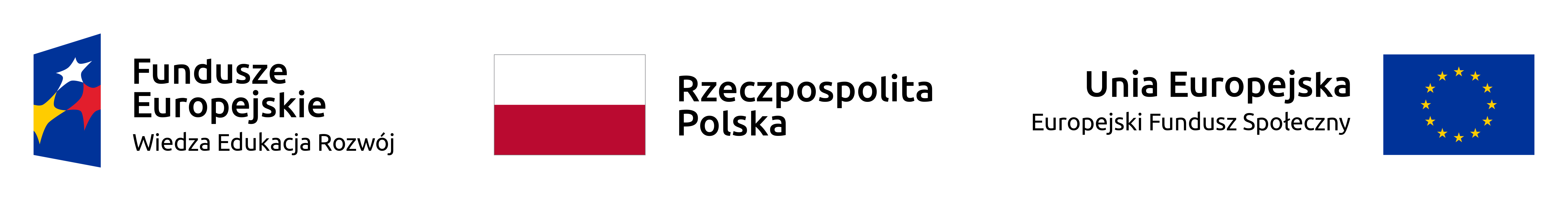 Z lewej strony logotyp Programu Operacyjnego Wiedza Edukacja Rozwój zawierający jedną gwiazdkę białą, jedną żółtą oraz jedną czerwoną na niebieskim tle, z prawej strony logo Unii Europejskiej, żółte gwiazdki ułożone w kółko na niebieskim tle oraz napis Unia Europejska Europejski Funduszu Społeczny. Na środku biało-czerwona flaga Polski z napisem Rzeczypospolita Polska