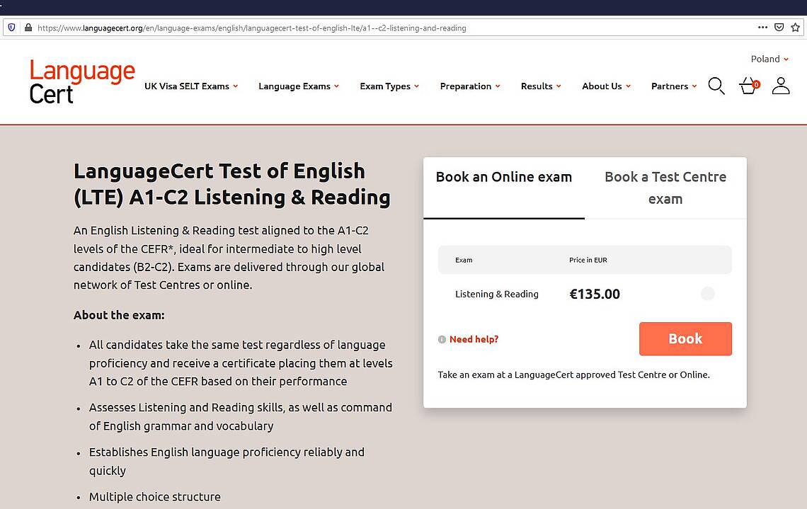 Zrzut ekranu - pierwsza strona rejestracji na egzamin LanguageCert LTE