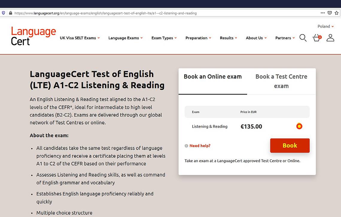 Zrzut ekranu - pierwsza strona rejestracji z zaznaczonym polem przy nazwie egzaminu