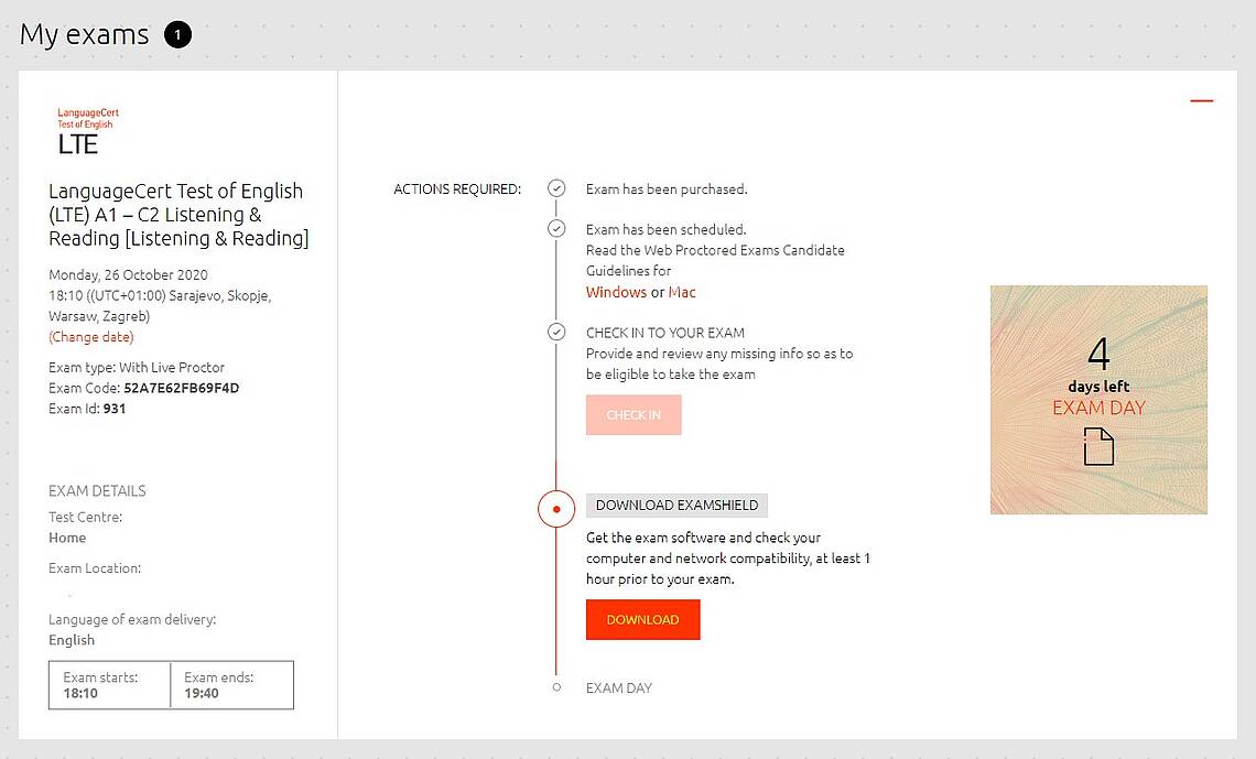 Zrzut ekranu - strona z podsumowaniem rejestracji oraz z linkiem do aplikacji egzaminacyjnej