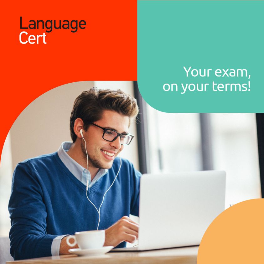 Tekst: LanguageCert - Your exam, on your terms! Pod tekstem mężczyzna siedzący pracujący na laptopie. Obok filiżanka kawy.