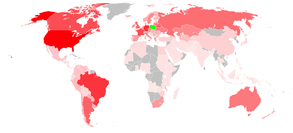 mapa świata z zaznaczonymi miejscami zamieszkania Polonii