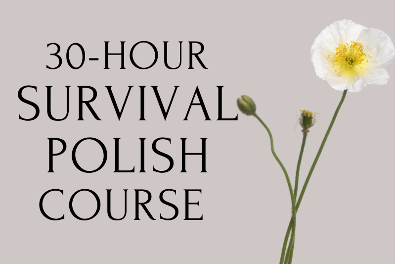Graphic displaying the text “30-HOUR SURVIVAL POLISH COURSE” on a light background with a white flower and buds on the right side