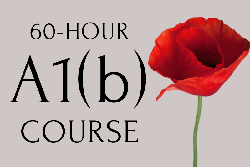 Graphic displaying the text “60-HOUR A1(b) COURSE” on a light background with a large red flower on the right side