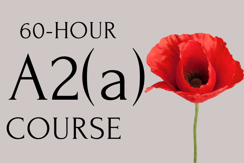 Graphic displaying the text “60-HOUR A2(a) COURSE” on a light background with a large red flower on the right side