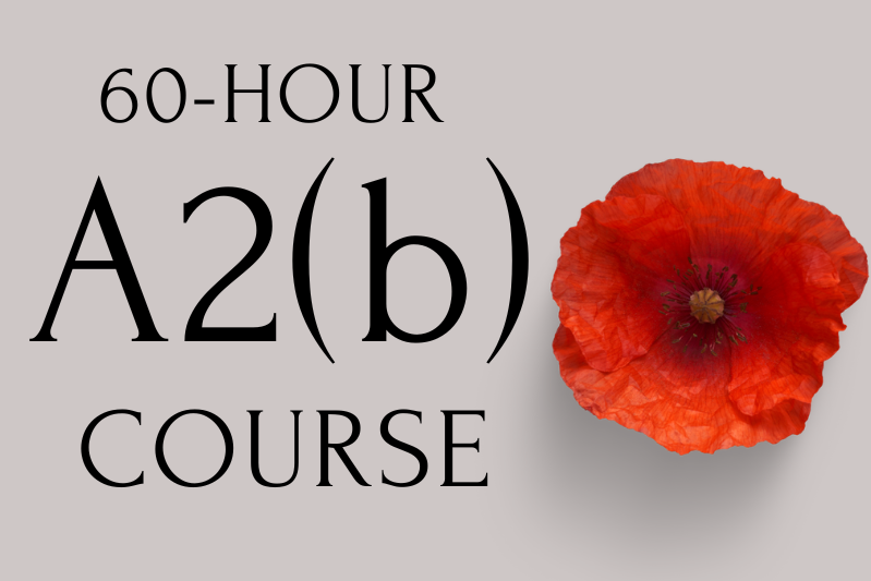 Graphic displaying the text “60-HOUR A2(b) COURSE” on a light background with a red flower viewed from above on the right side