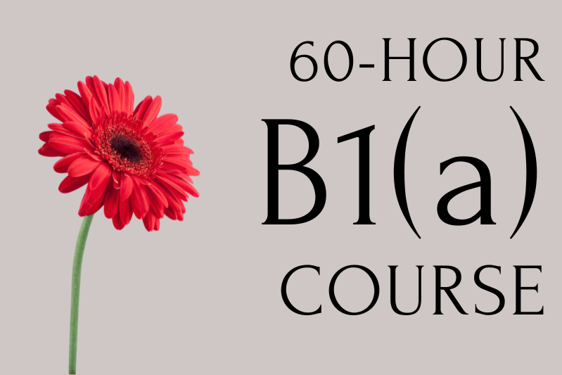 Graphic displaying the text “60-HOUR B1(a) COURSE” on a light background with a red flower on the left side