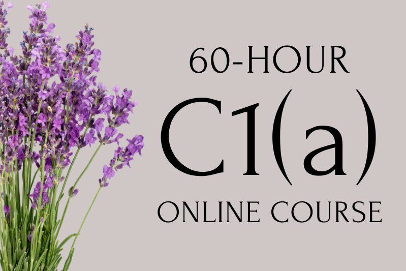 Graphic displaying the text “60-HOUR C1(a) ONLINE COURSE” on a light background with lavender stems on the left side