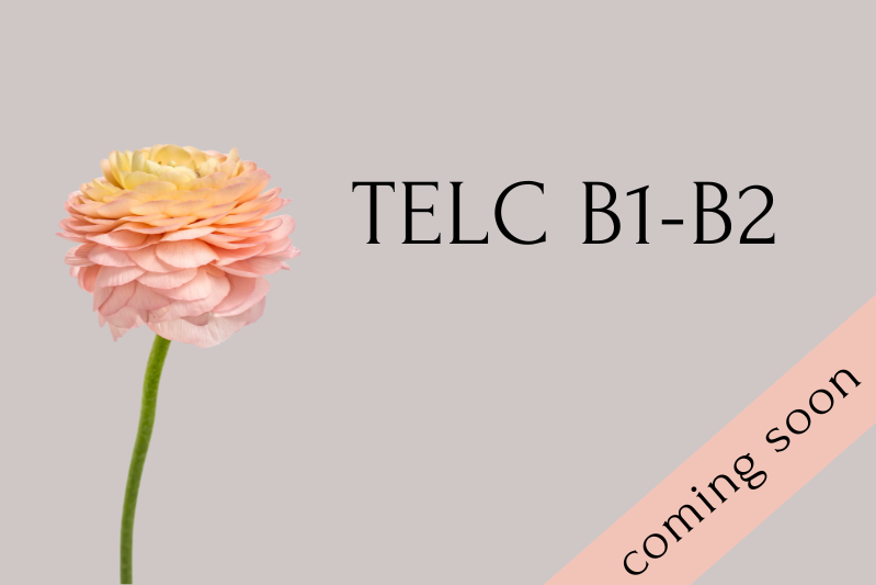 Graphic displaying the text “TELC B1-B2” on a light background with a pale pink flower on the left and the words “coming soon”