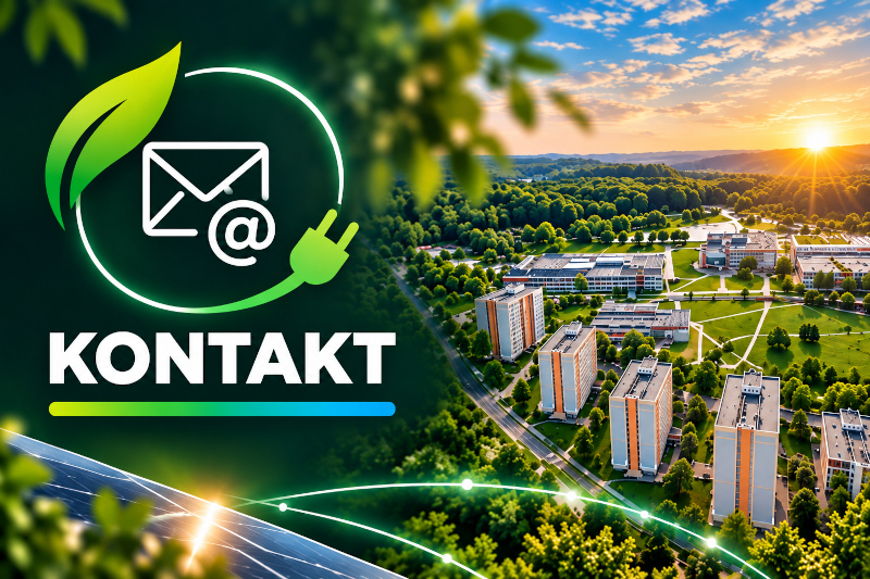 grafika z ikoną poczty, w tle miasteczko akademickie Politechniki Białostockiej