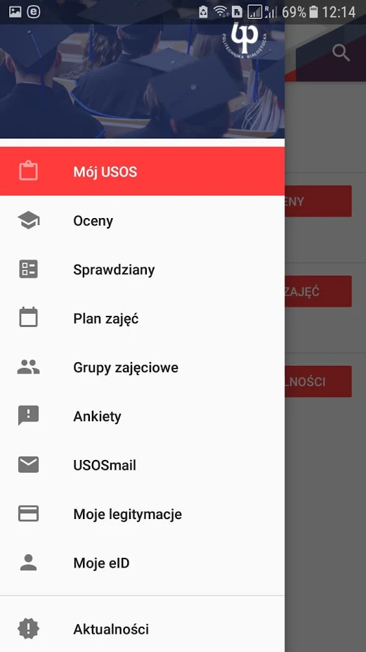 okno menu główne aplikacji Mobilny USOS PB