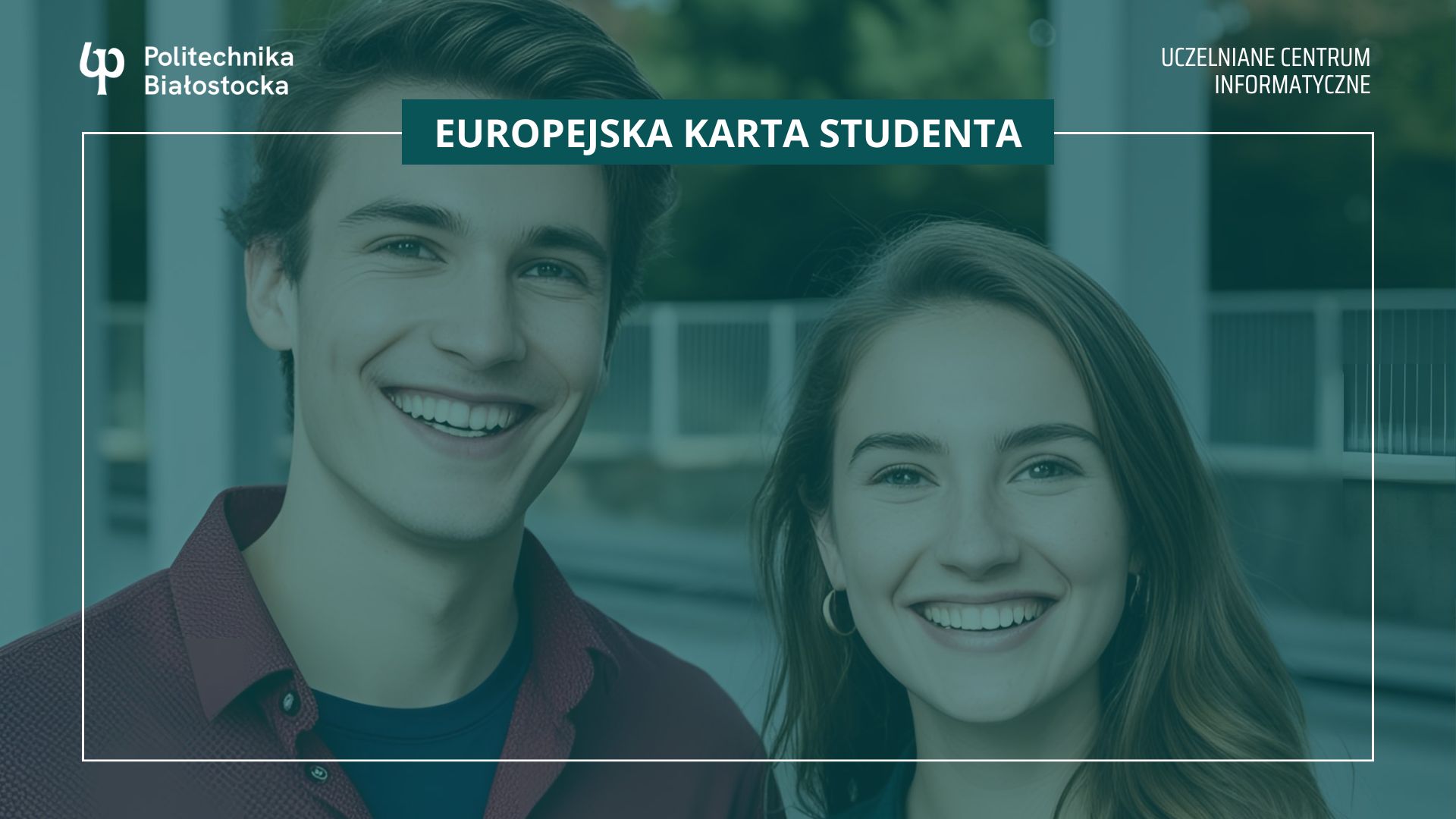 Uśmiechnięta studentka i student na tle kampusu politechniki