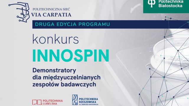 Grafika konkursu INNOSPIN - Demonstratory dla międzyuczelnianych zespołów badawczych, który jest realizowany w ramach Politechnicznej Sieci Via Carpatia