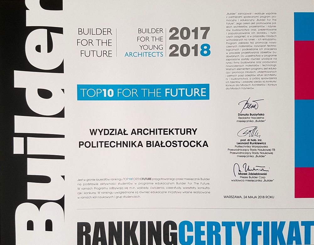 certyfikat dla Wydziału Architektury