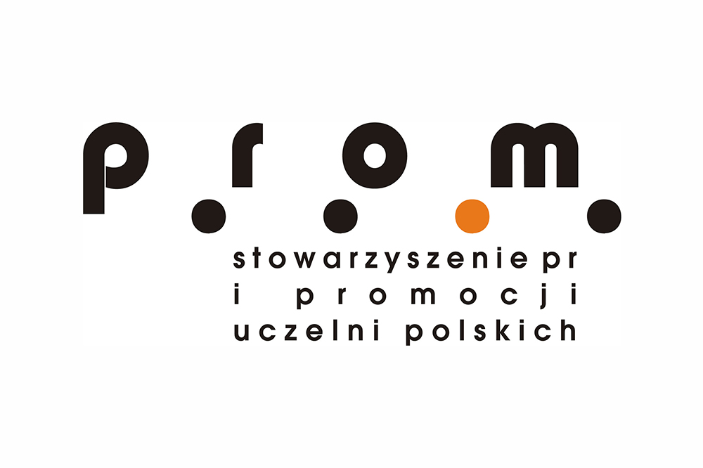 logo. Na białym tle czarny napis "prom" oraz cztery kropki: trzy czarne i jedna pomarańczowa. Nastepnie małymi literami "stowarzyszenie pr i promocji uczelni polskich"