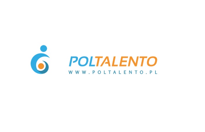 na białym tle napisy w kolorach błękitnym i pomarańczowym: POLTALENTO www.poltalento.pl