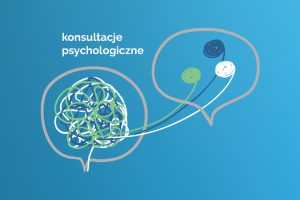 na niebieskim tle symbole graficzne rozmowy oraz napis konsultacje psychologiczne