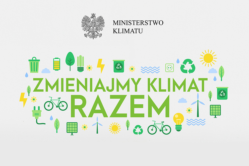 wokół napisu Zmieniamy Klimat Razem rozrzucone symbole graficzne związane z ochrona środowiska i oze. Na górze grafiki centralnie godło RP i napis Ministerstwo Klimatu