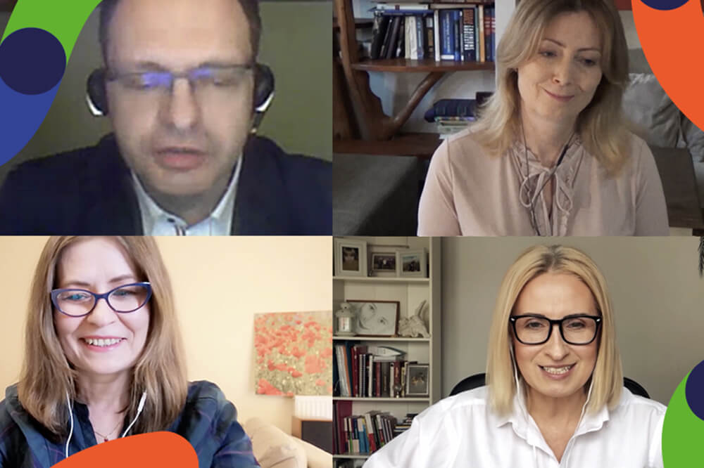 ekran komputera podzielony na cztery w rozmowie online: Marcin Tomkiel, Katarzyna Dziedzik, Dorota Sawicka, Magdalena Gołaszewska