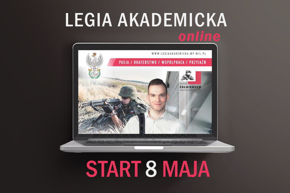 Grafika informująca o starcie 8 maja szkolenia online w ramach Legii Akademickiej