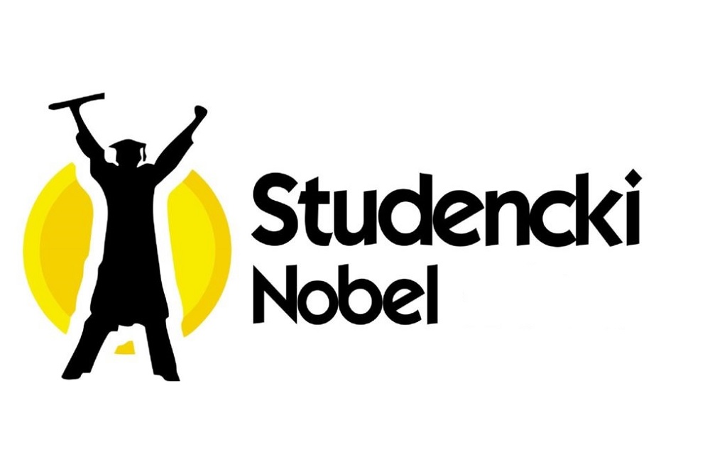 logo konkursu Studencki Nobel - sylwetka studenta w todze unoszącego ręce do góry, w jesnej z nich jest rulon z dyplomem